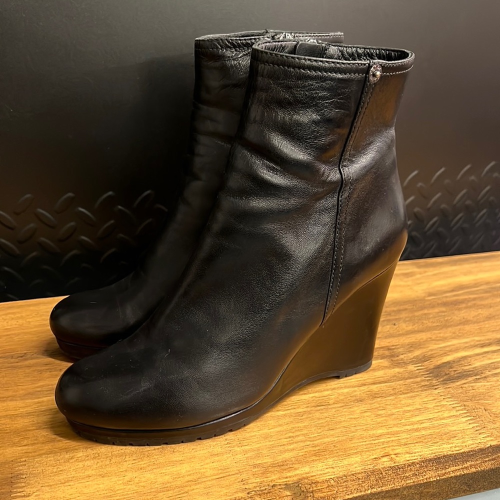 Prada - black leather wedge booties
